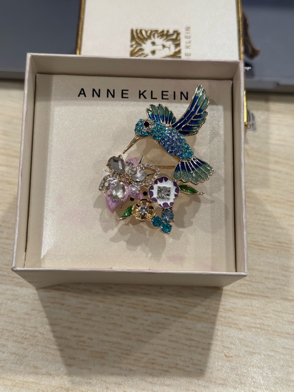 Anne Klein Blue & Teal Hummingbird Floral Crystal Pin